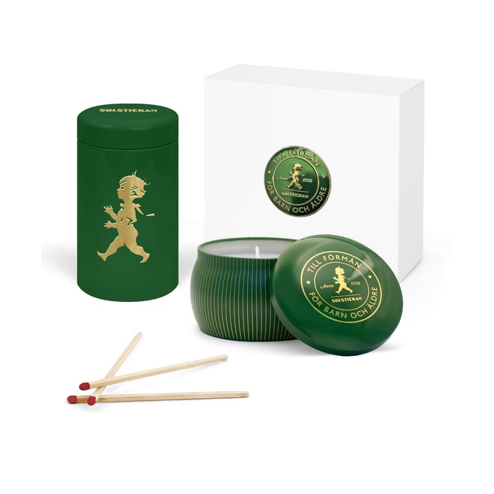 Caja de regalo Solstickan con vela aromática + bote con cerillas - Verde-vela perfumada de bosque de coníferas - Solstickan Design