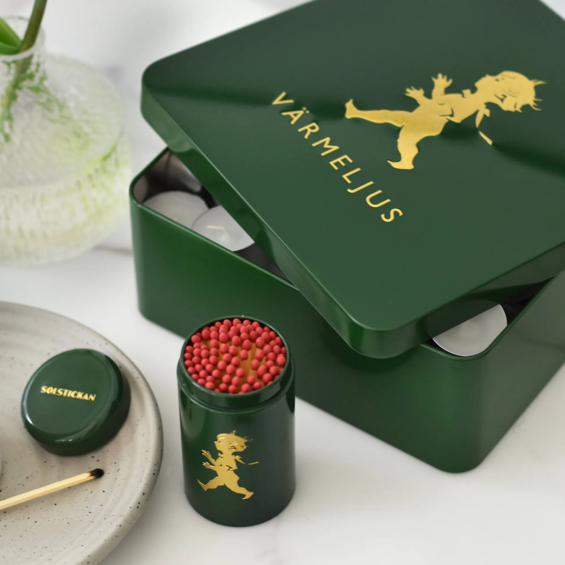 Caja de velas Solstickan 21x21 cm, Verde-oro Solstickan Design