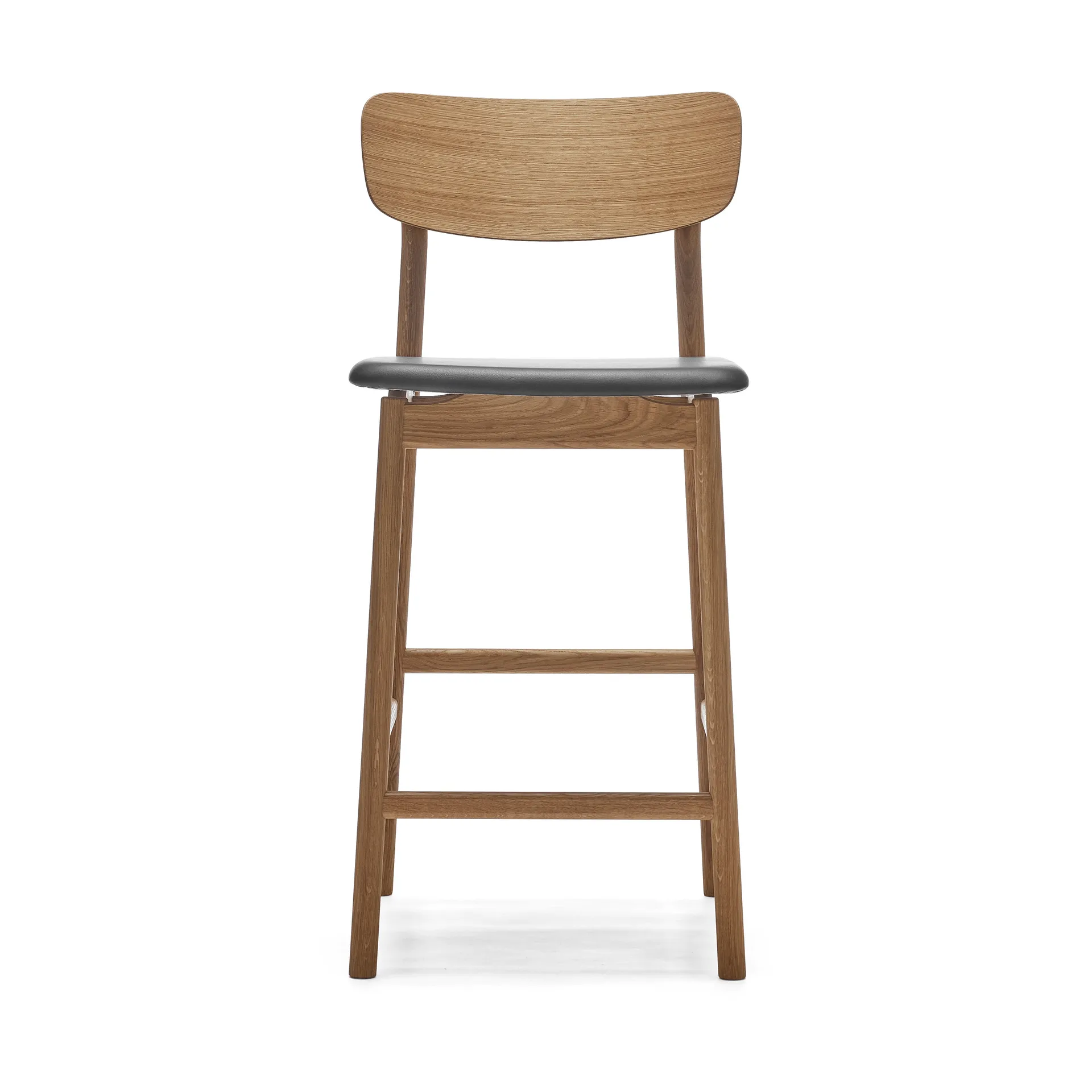 Taburete bar Prima Vista, Cuero Elmosoft negro, estructura de roble aceitado natural, 65 cm Stolab