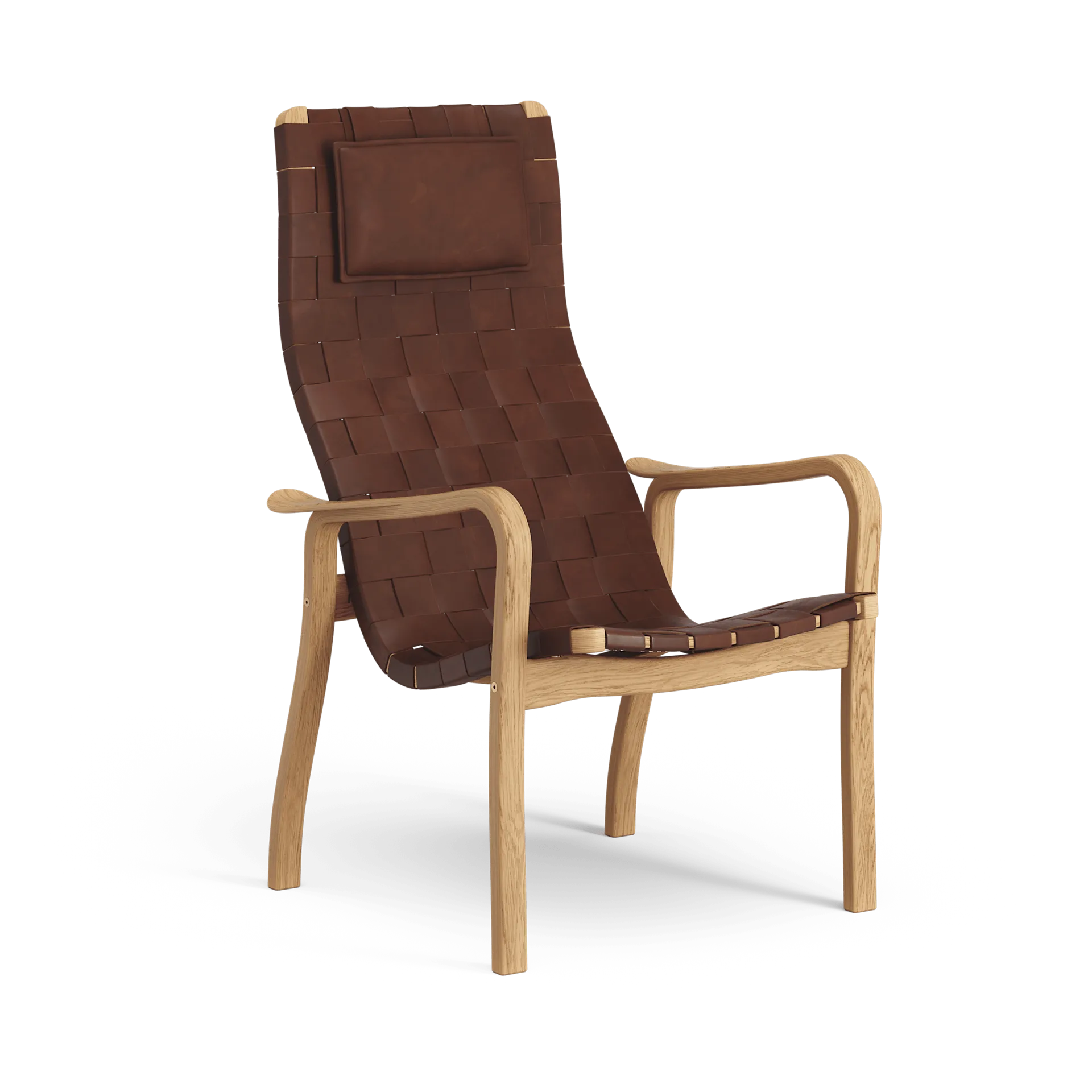 Butaca alto Primo con cojín para cuello roble aceitado, Correa de cuero rojo marrón Swedese