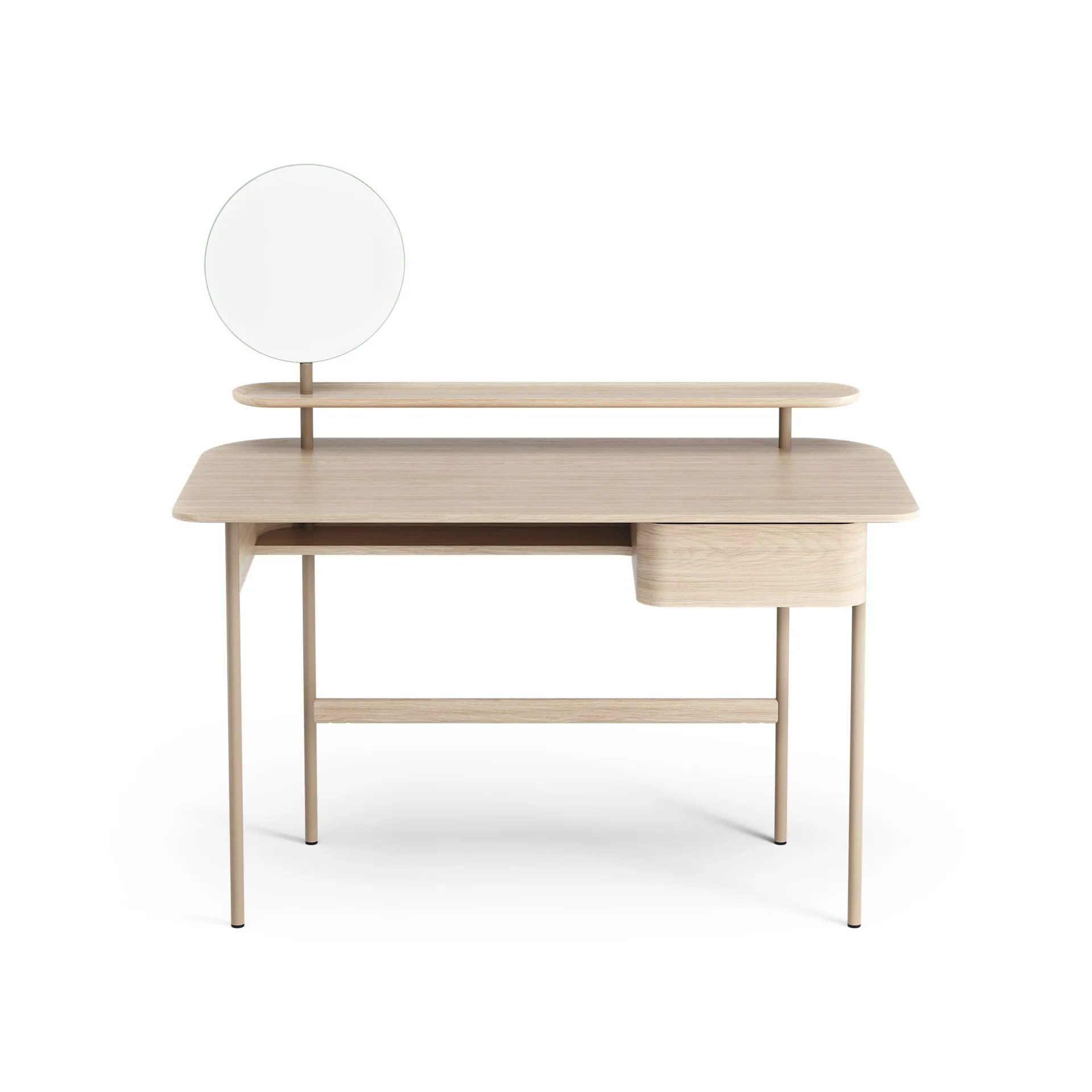 Escritorio Luna con cajón, estante y espejo, Roble pigmentado blanco Swedese