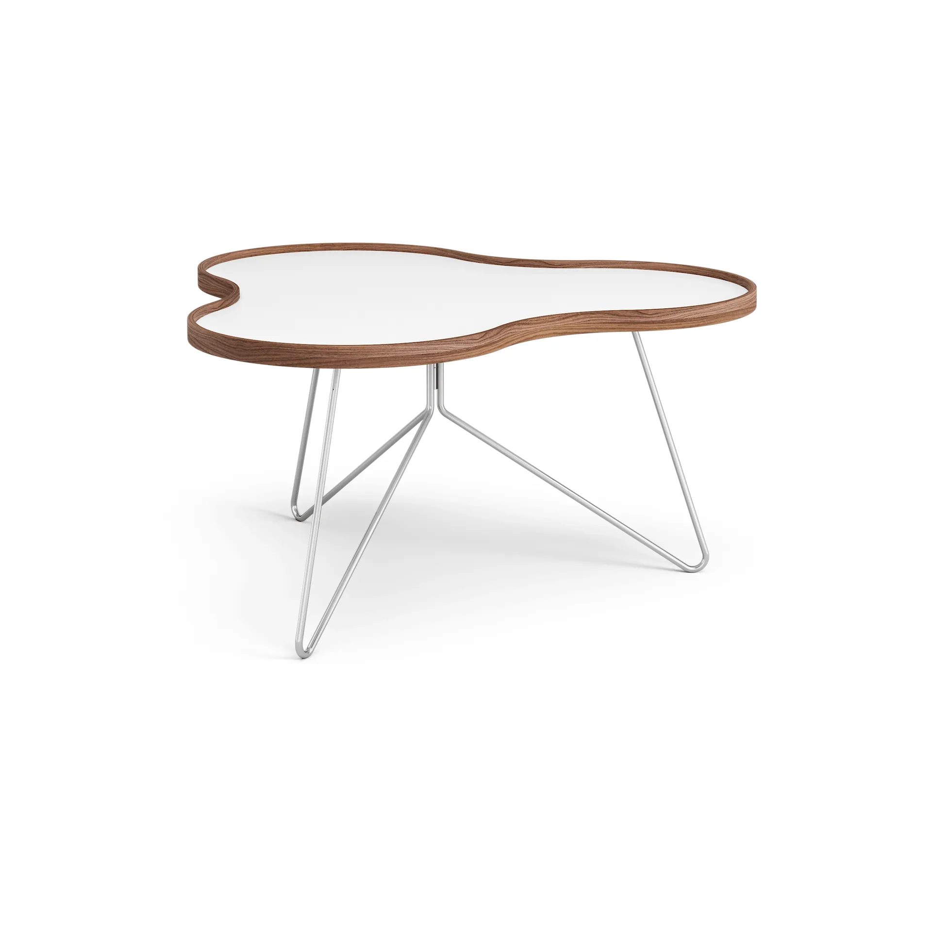 Mesa Flower 84x90 cm, Blanco, 45cm, canto de nogal, base de cromo Swedese