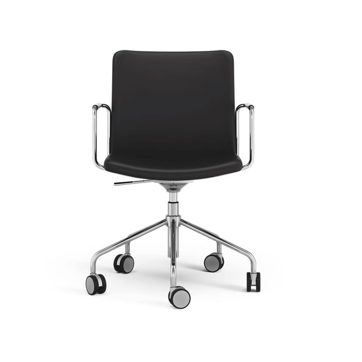 Silla de oficina elevable/bajable sin basculación Stella, Cuero elmosoft 99999 negro, base de cromo, respaldo flexible Swedese