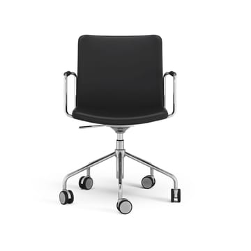 Silla de oficina elevable/bajable sin basculación Stella - Cuero elmosoft 99999 negro, base de cromo, reposabrazos forrado en cuero, respaldo flexible - Swedese