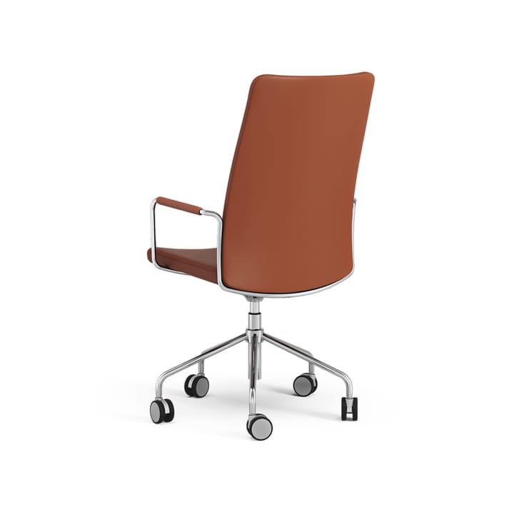 Silla de oficina Stella alta elevable/bajable sin basculación, Cuero elmosoft 33001 marrón, cromo, altura del asiento regulable Swedese