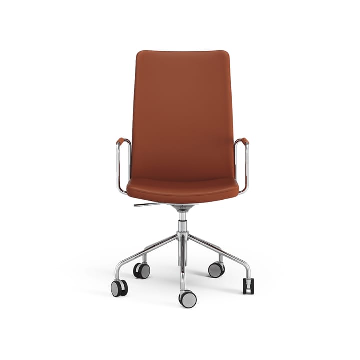 Silla de oficina Stella alta elevable/bajable sin basculación, Cuero elmosoft 33001 marrón, cromo, altura del asiento regulable Swedese