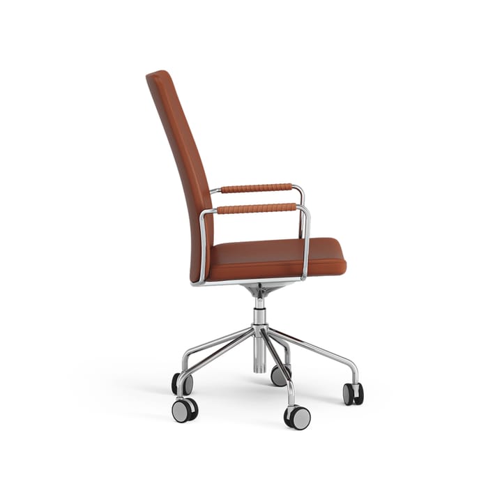 Silla de oficina Stella alta elevable/bajable sin basculación, Cuero elmosoft 33001 marrón, cromo, altura del asiento regulable Swedese