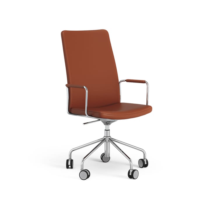 Silla de oficina Stella alta elevable/bajable sin basculación, Cuero elmosoft 33001 marrón, cromo, altura del asiento regulable Swedese