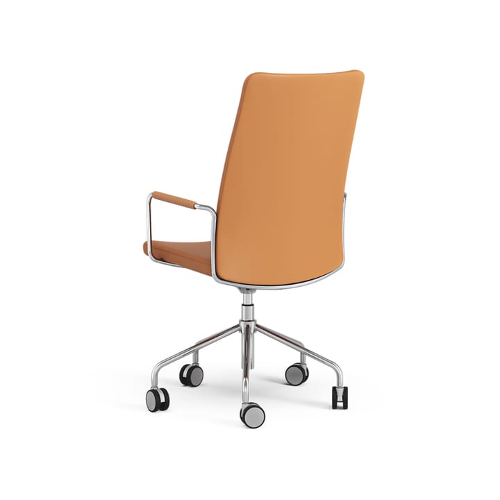 Silla de oficina Stella alta elevable/bajable sin basculación, Cuero elmosoft 54035 konjak, cromo, altura del asiento regulable Swedese