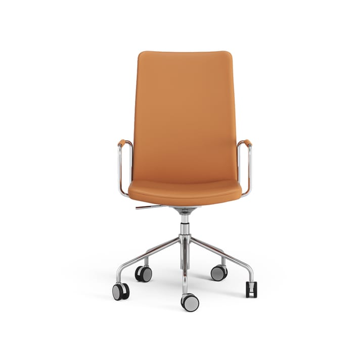 Silla de oficina Stella alta elevable/bajable sin basculación, Cuero elmosoft 54035 konjak, cromo, altura del asiento regulable Swedese