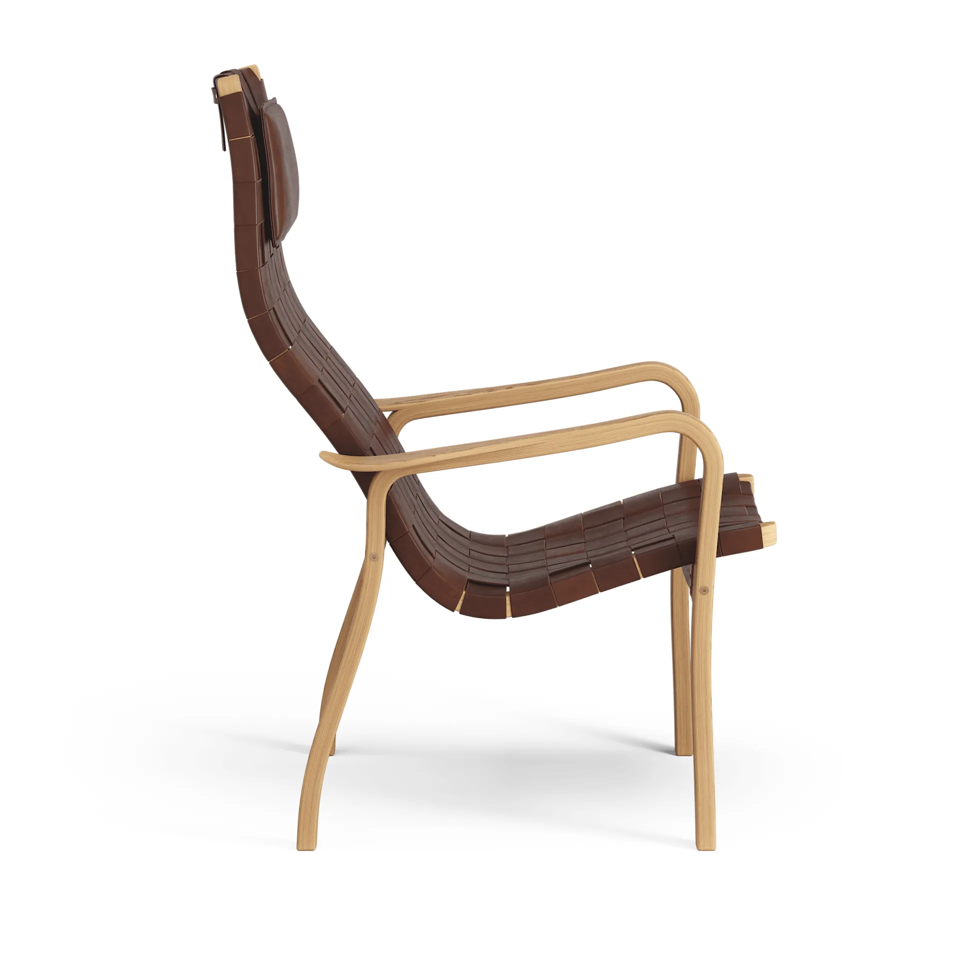 Sillón alto Primo con cojín para cuello roble aceitado, Correa de cuero rojo marrón Swedese