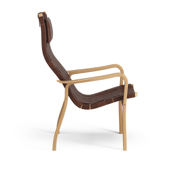 Sillón alto Primo con cojín para cuello roble aceitado, Correa de cuero rojo marrón Swedese