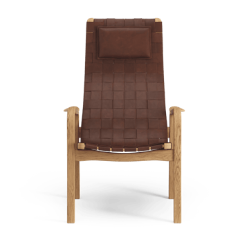 Sillón alto Primo con cojín para cuello roble aceitado - Correa de cuero rojo marrón - Swedese