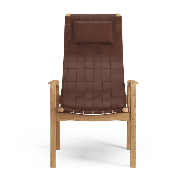 Sillón alto Primo con cojín para cuello roble aceitado, Correa de cuero rojo marrón Swedese