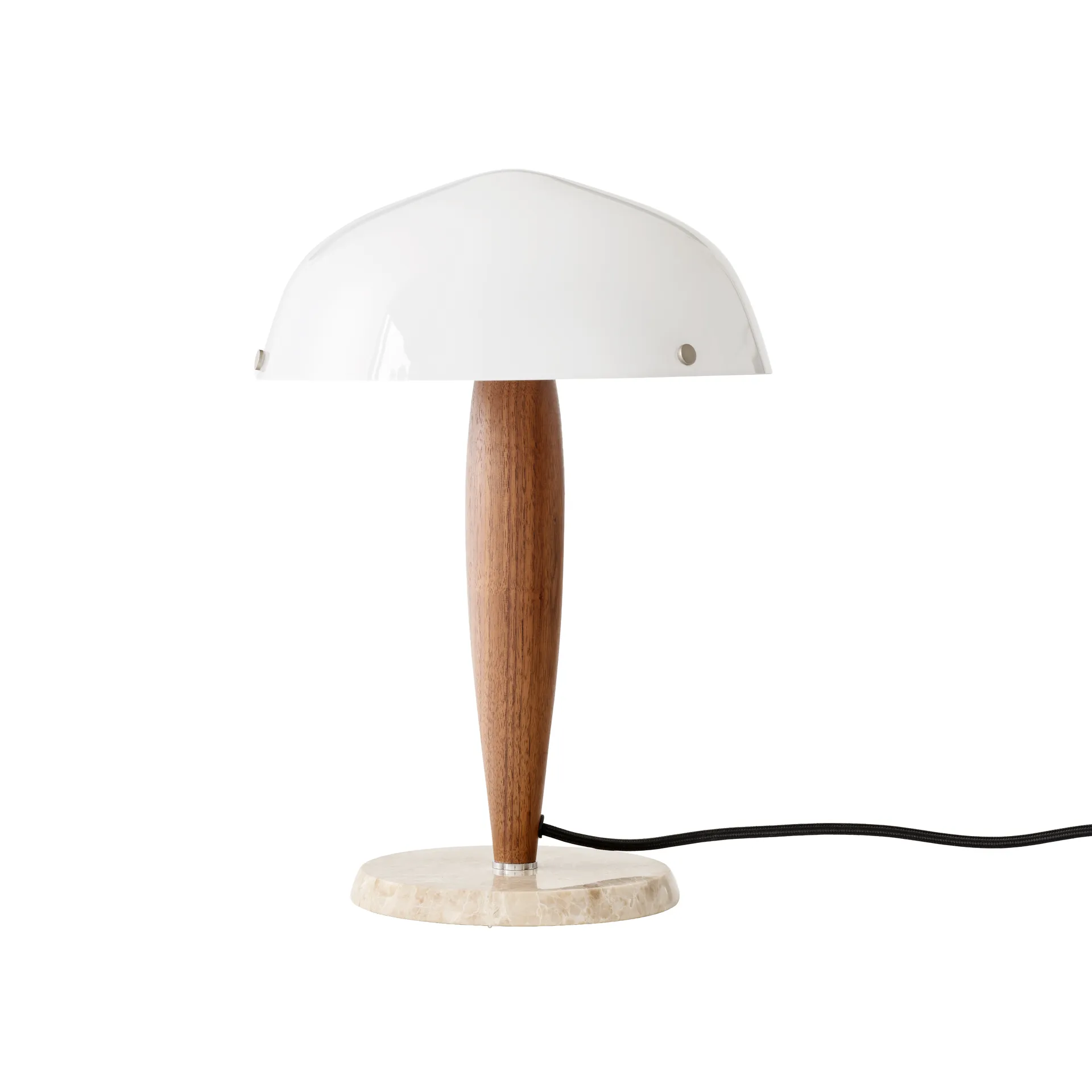 Lámpara de mesa Herman SHY3, nogal y mármol crema, cable textil &Tradition