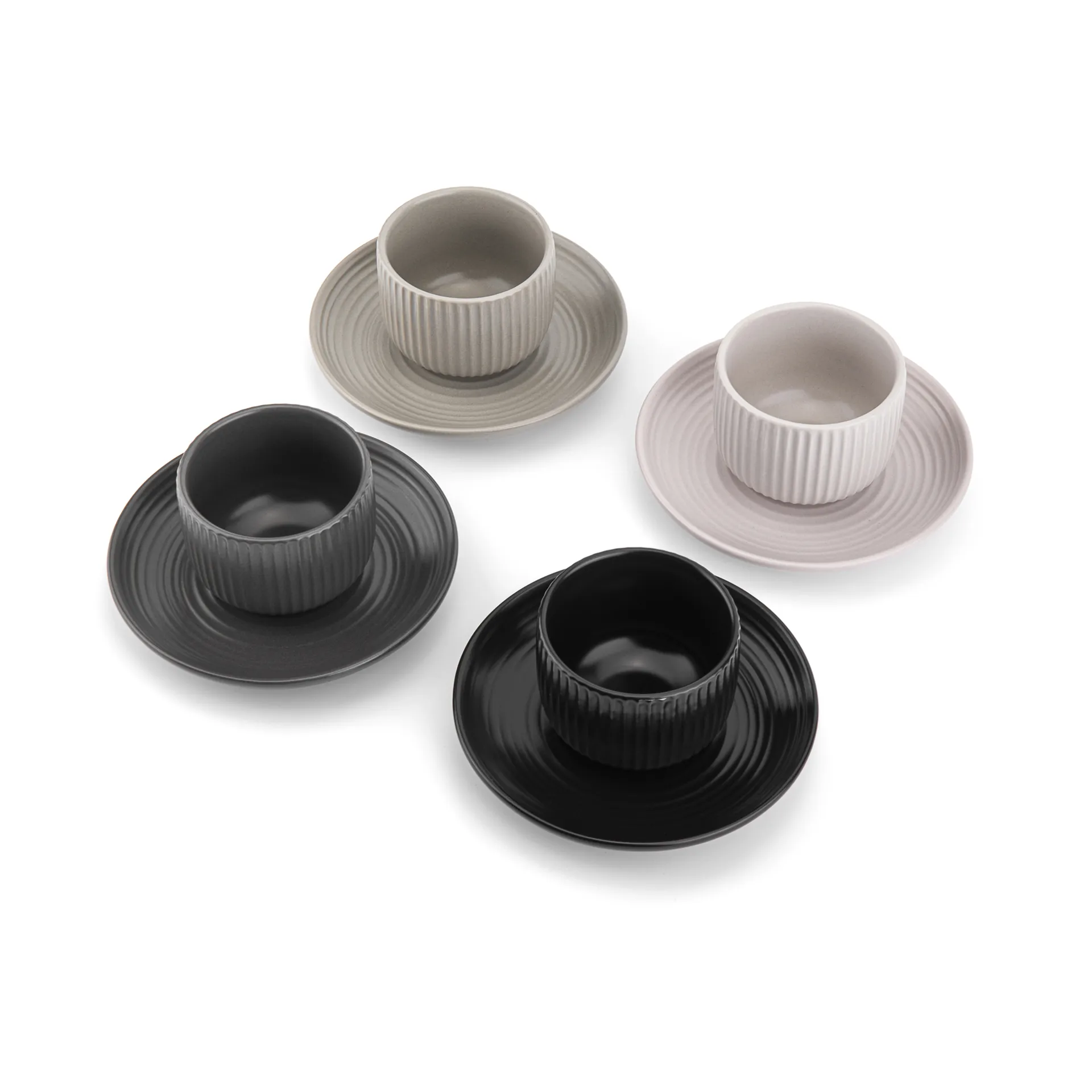 4 Tazas para café espresso con plato Duga, Blanco, gris arena, antracito, negro Vargen & Thor