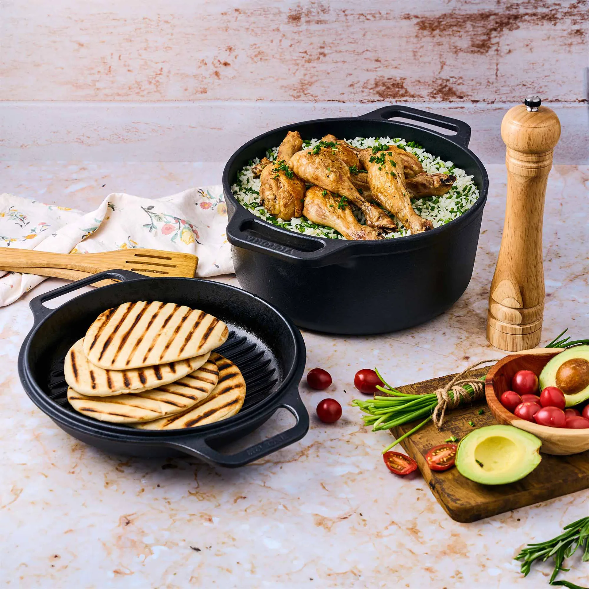 Juego de olla y sartén de hierro fundido Combo Cooker, 2 piezas, Negro Victoria