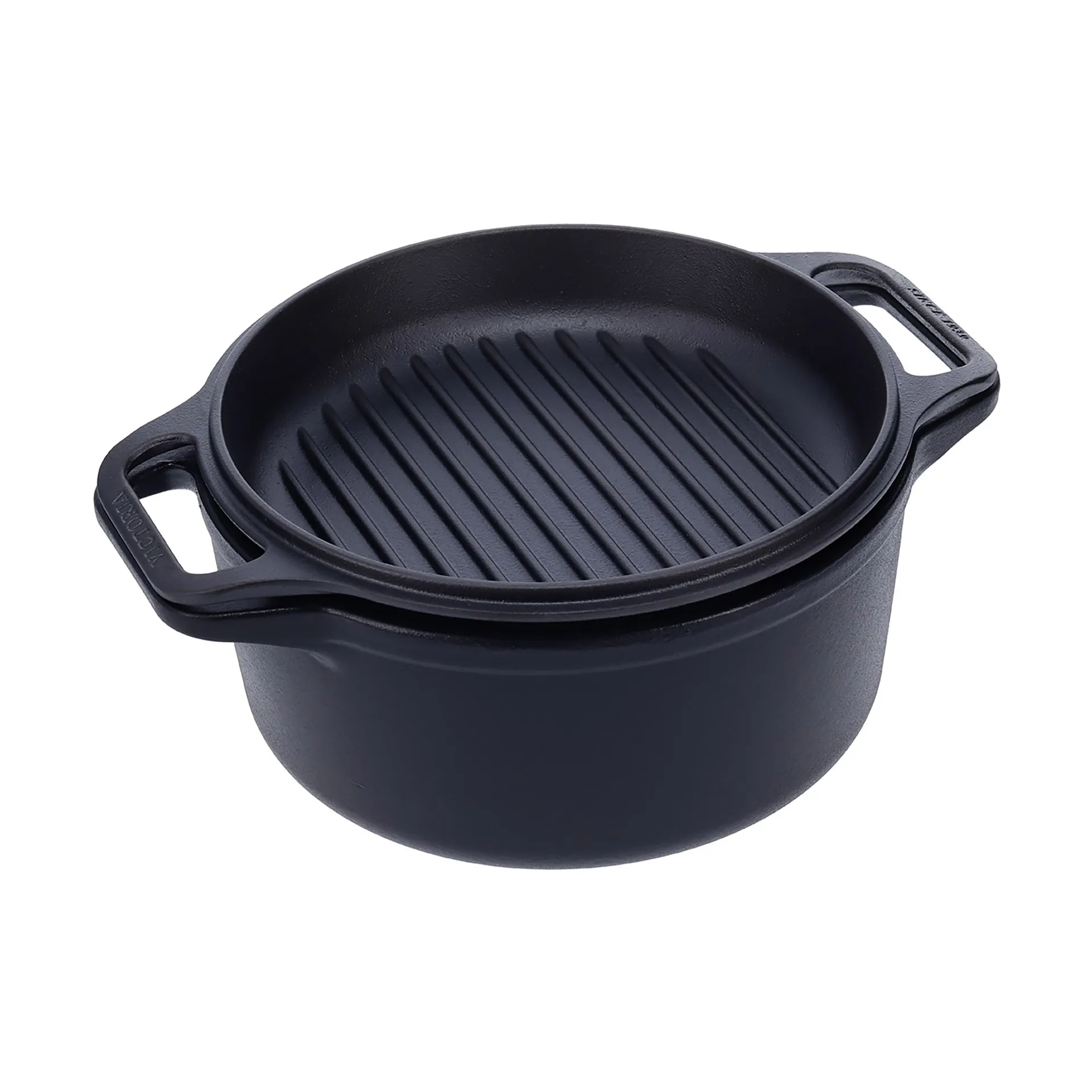 Olla y sartén parrilla de hierro fundido, previamente curados, 2 piezas Victoria