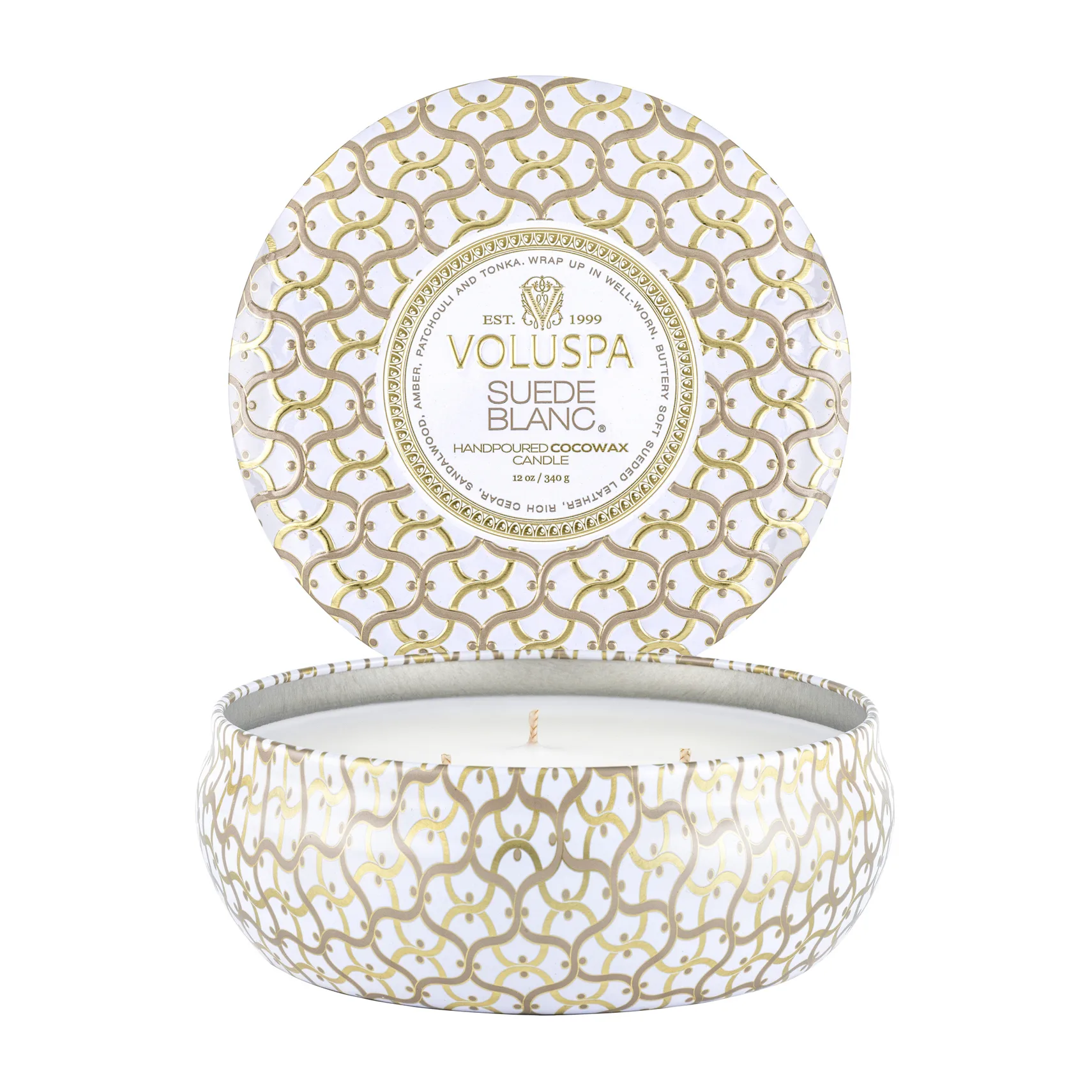 Vela perfumada Maison Blanc 3-wick Tin 40 horas, Suede Blanc Voluspa