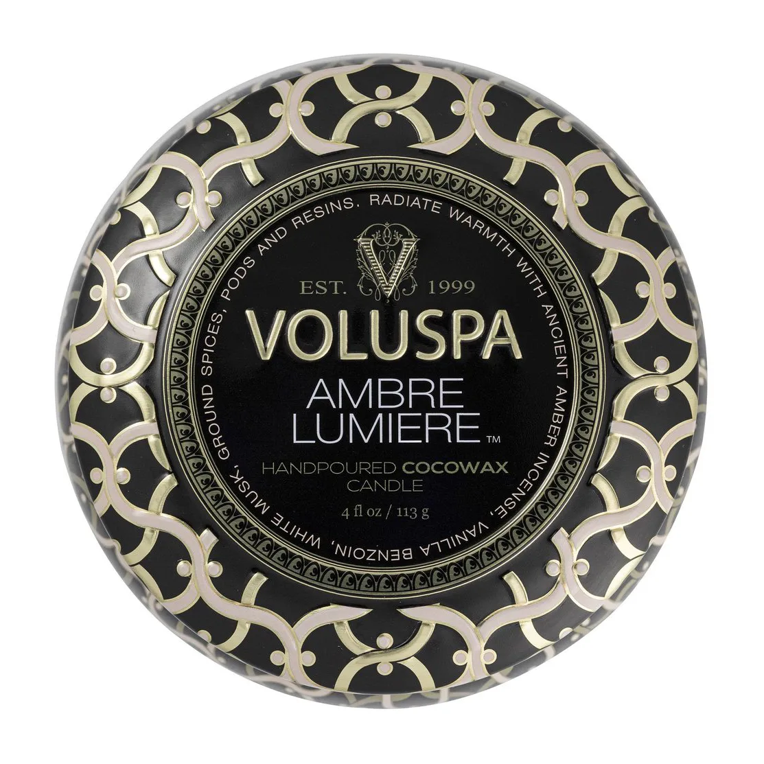 Vela perfumada Maison Noir Mini Tin 25 horas, Ambre Lumiere Voluspa