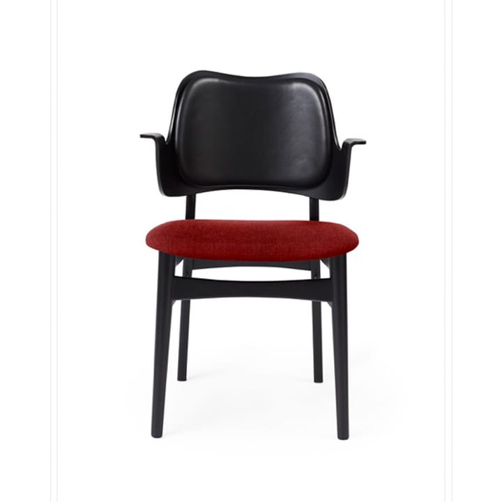 Silla Gesture asiento y respaldo tapizado - Tela brick red, respaldo cuero, base de haya lacada en negro - Warm Nordic