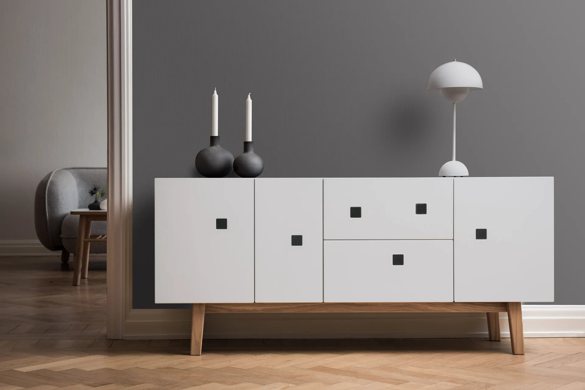 Mueble TV Peep M2, Blanco, retro, base de roble Zweed