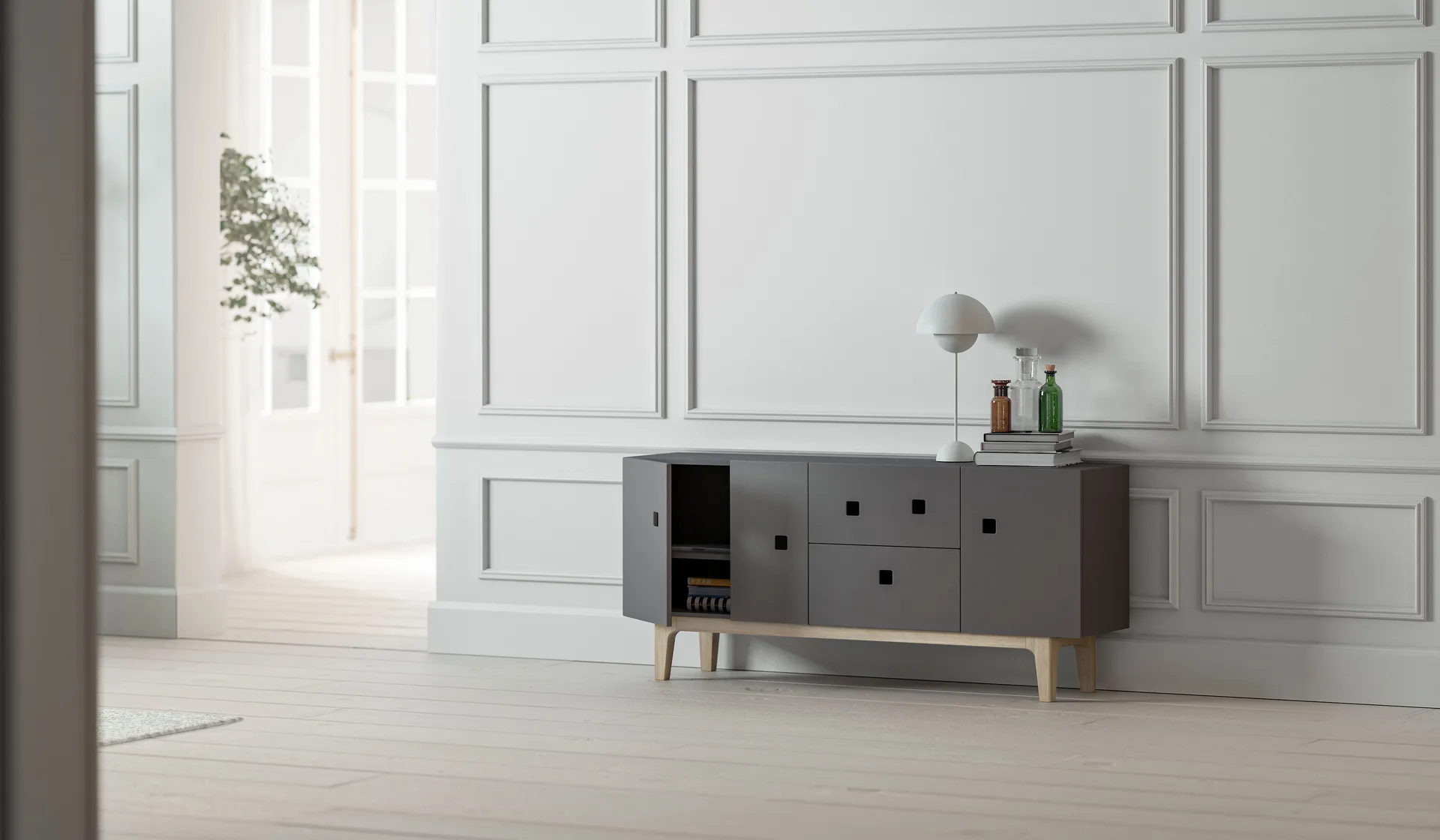 Mueble TV Peep M2, Slate grey, roble pigmentado blanco Zweed