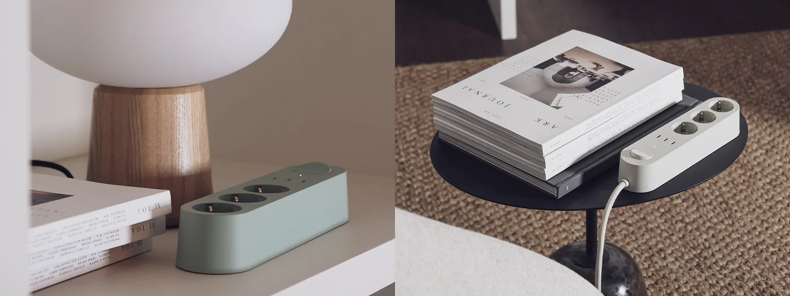 Dos regletas en entornos minimalistas. Una es verde claro, en un estante con una lámpara y libros. La otra es gris claro, en una mesa con revistas.
