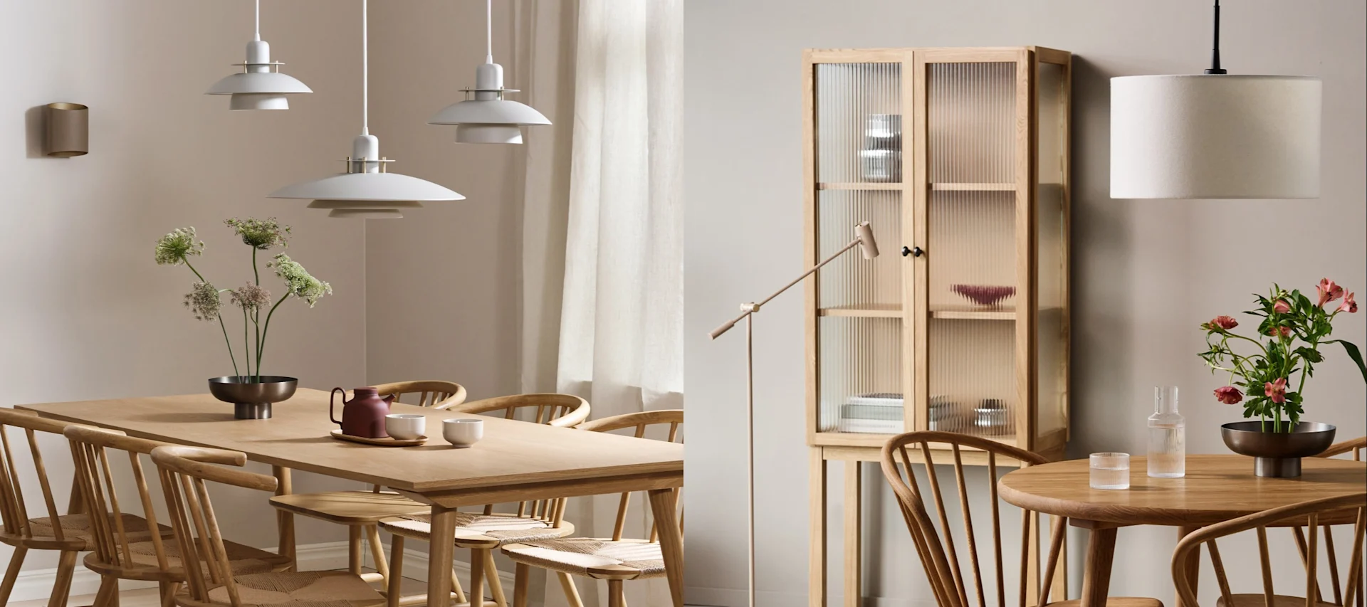 Aquí puedes ver dos ideas diferentes de iluminación para comedores de estilo japandi. Una con una mesa de comedor larga y un grupo de luces y la otra con una mesa redonda y una lámpara redonda.