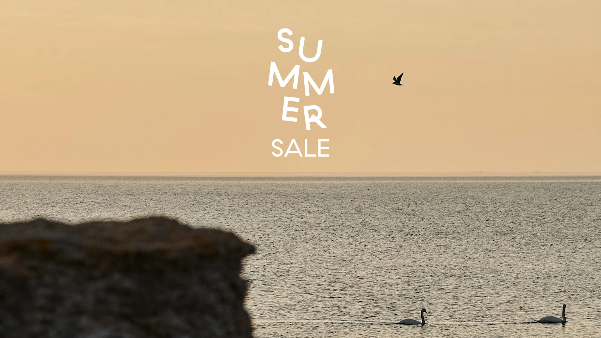 Texto 'Summer Sale' sobre una serena escena oceánica con dos cisnes nadando y un pájaro volando bajo un cielo cálido.