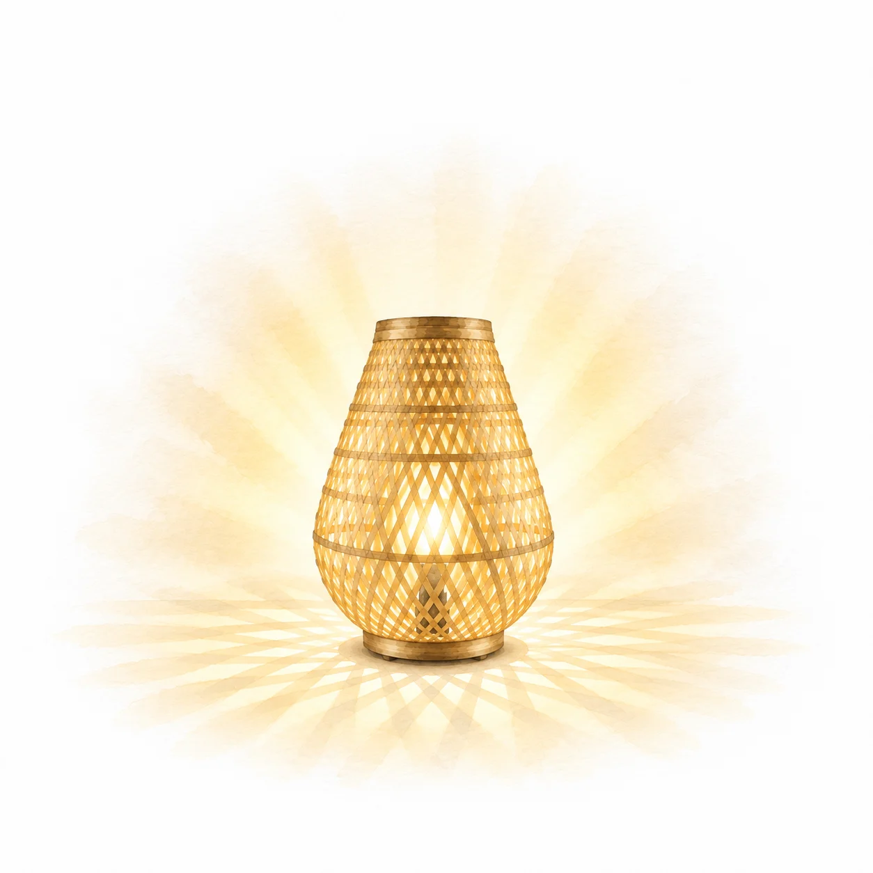 Pantalla de bambú brillante con patrón de tejido, proyectando luz cálida y sombras.