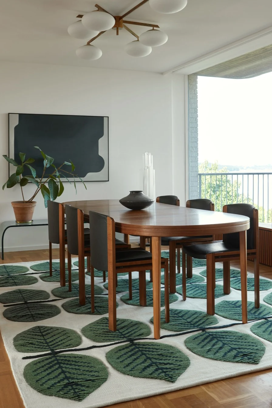 Alfombras para el comedor: la alfombra de lana Berså de Stig Lindberg por Layered luce perfecta en un comedor decorado con muebles de madera oscura.