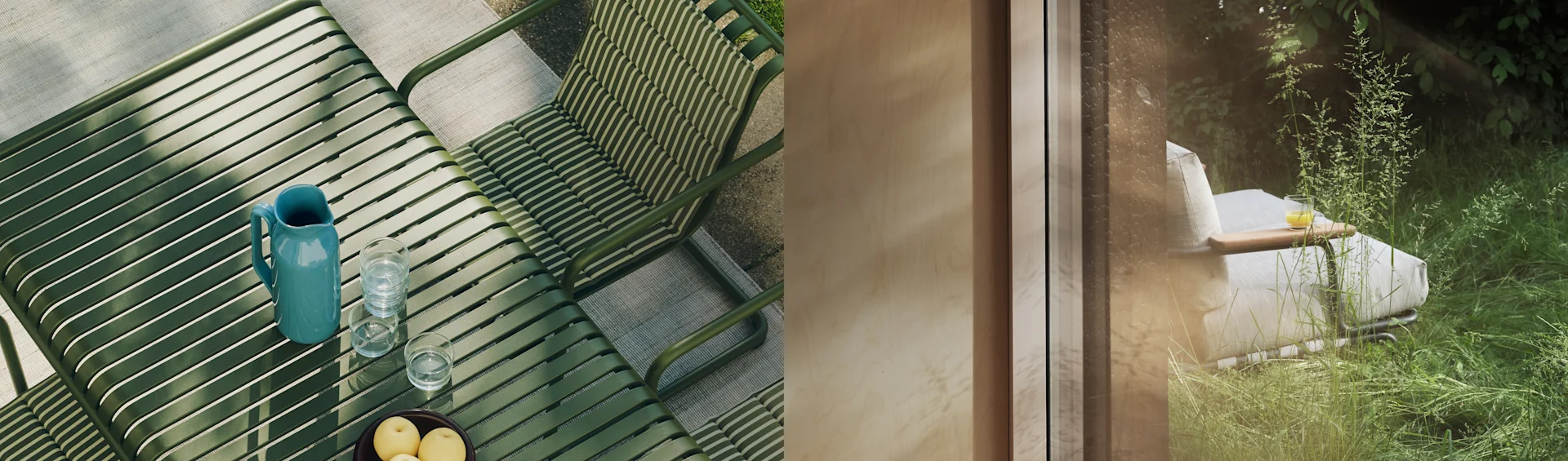 Imagen dividida: mesa exterior de lamas verdes con jarra, vasos y fruta. Derecha: tumbona blanca en un jardín verde vista a través de una ventana.