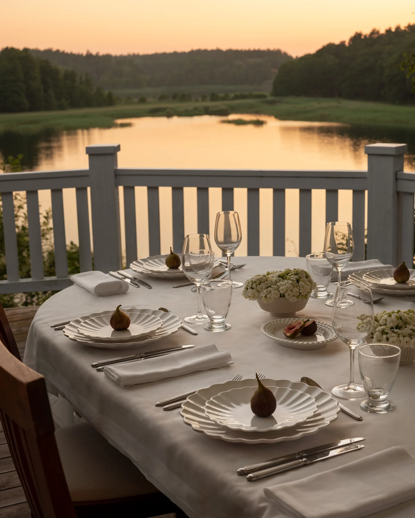 Mesa de comedor exterior puesta con platos blancos festoneados, cubiertos, higos y flores, con vistas a un lago al atardecer.