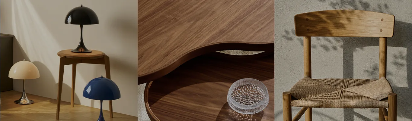 Tres elegantes viñetas de interior: lámparas de seta, una mesa de madera ondulada con un cuenco de vidrio texturizado y una silla de madera con asiento trenzado.