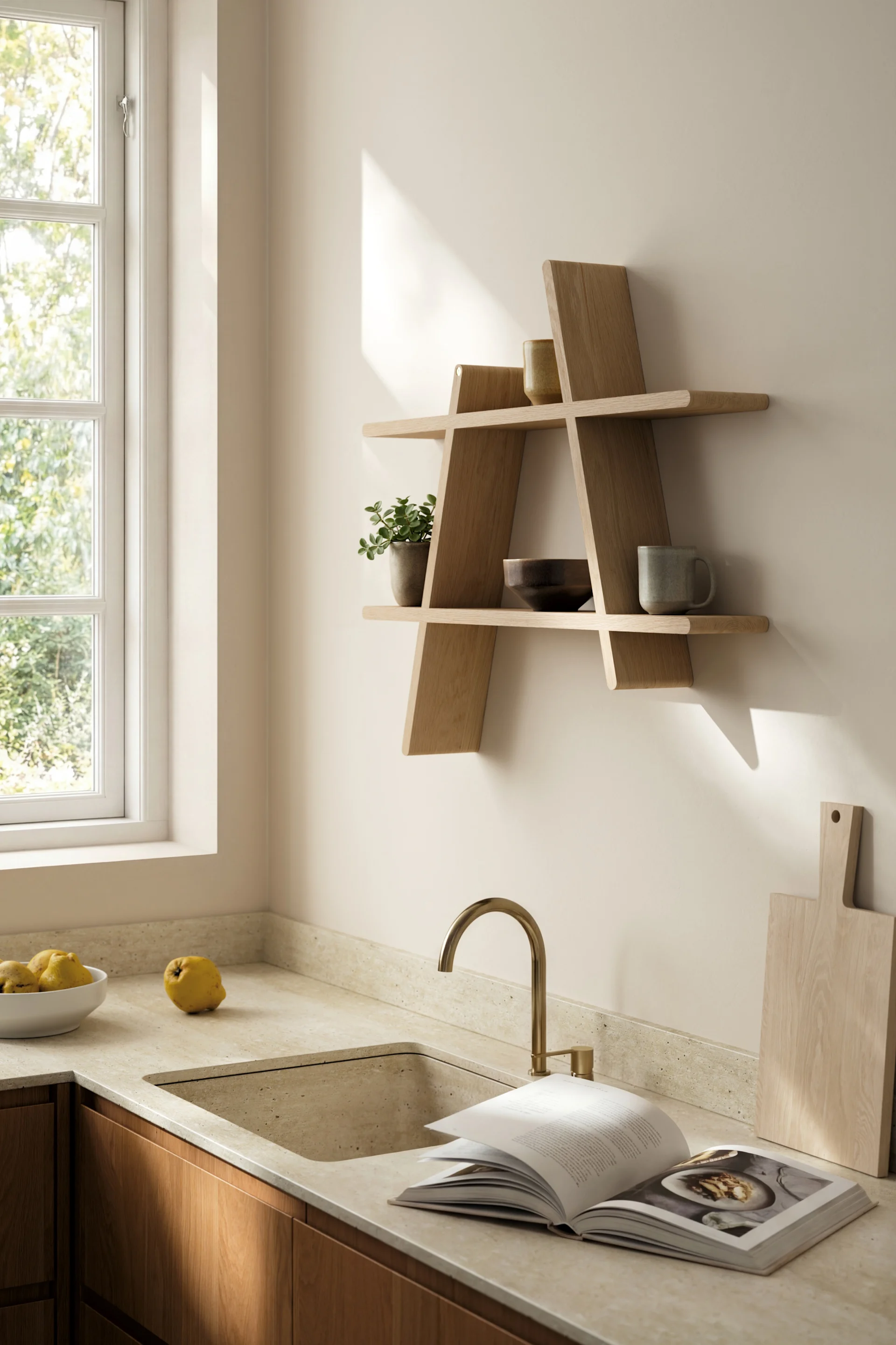 Cocina luminosa con encimera de piedra, grifo de latón. Estantería de pared de madera geométrica con planta, cuenco y taza.
