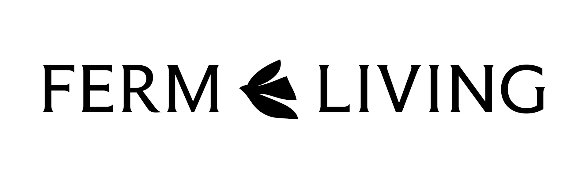 Logotipo de FERM LIVING con un diseño de hoja estilizada entre las palabras.