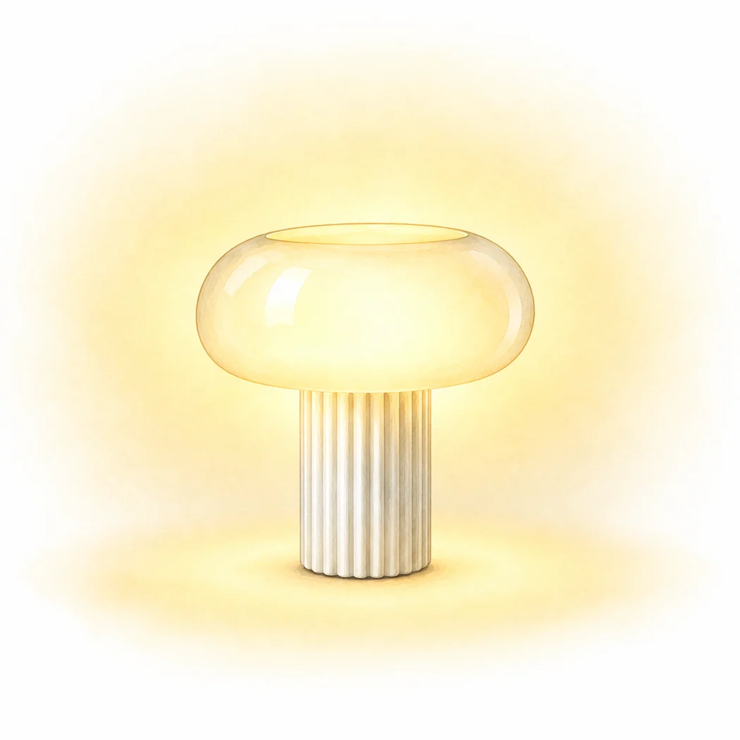 Lámpara de mesa con forma de hongo, con una parte superior redonda translúcida e iluminada y una base cilíndrica acanalada.
