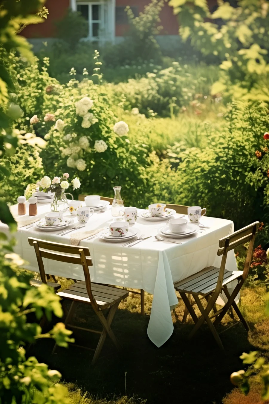 Una mesa de comedor exterior puesta con vajilla blanca y un jarrón floral en un soleado jardín verde.