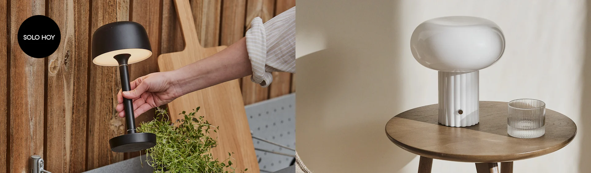 Dos lámparas: una portátil negra sostenida sobre una planta, y otra blanca tipo hongo con base estriada en mesa de madera. Círculo 'SOLO HOY'.