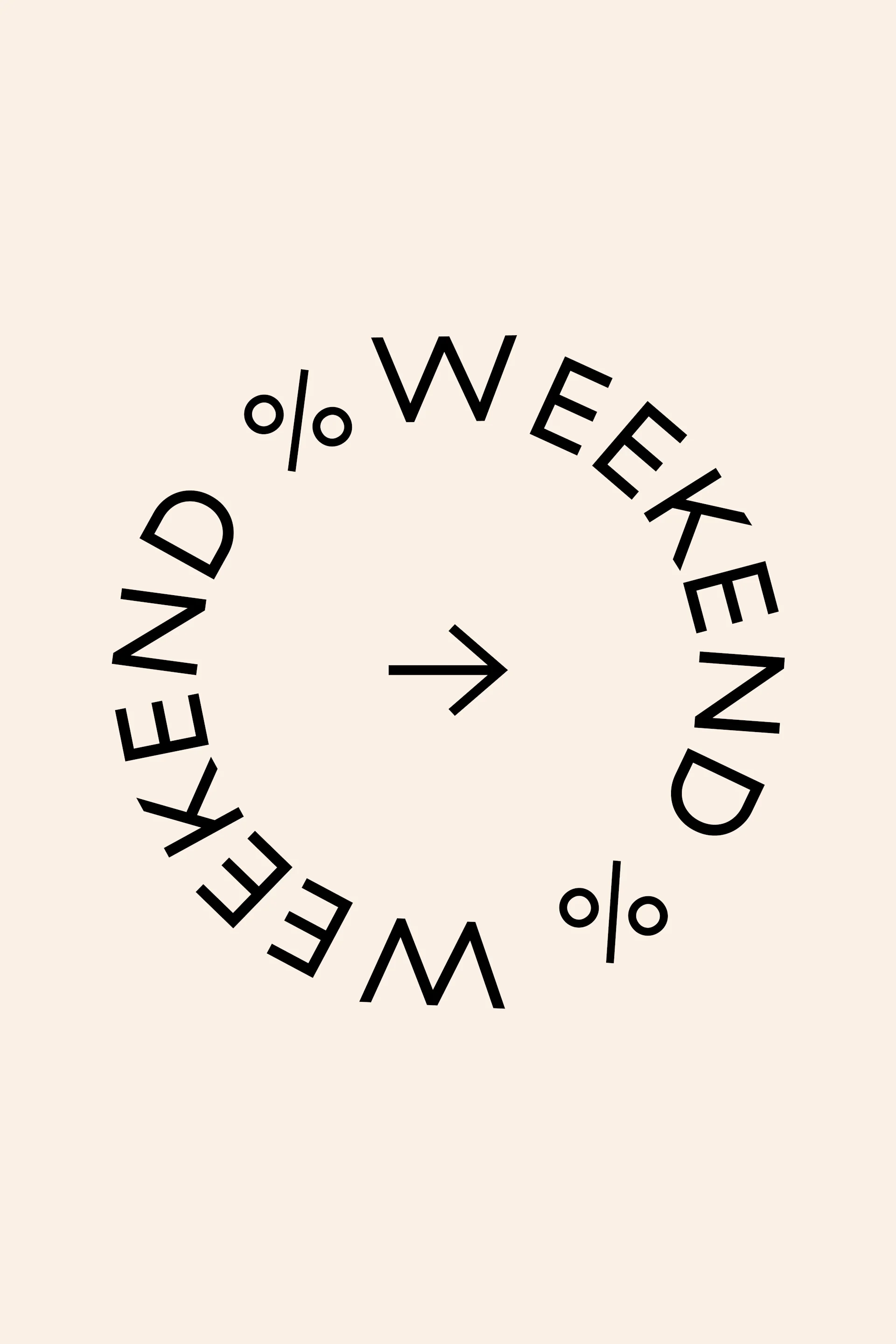La palabra "WEEKEND" y signos de porcentaje dispuestos en círculo, con una flecha apuntando a la derecha en el centro.