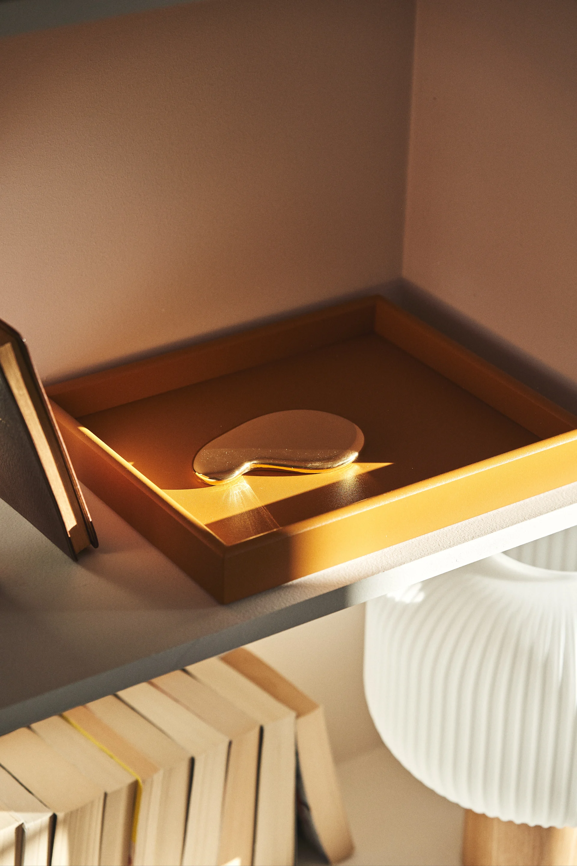 Una bandeja de color mostaza oscuro descansa sobre un estante de madera a la luz del sol. La bandeja es una forma ideal de organizar el salón.