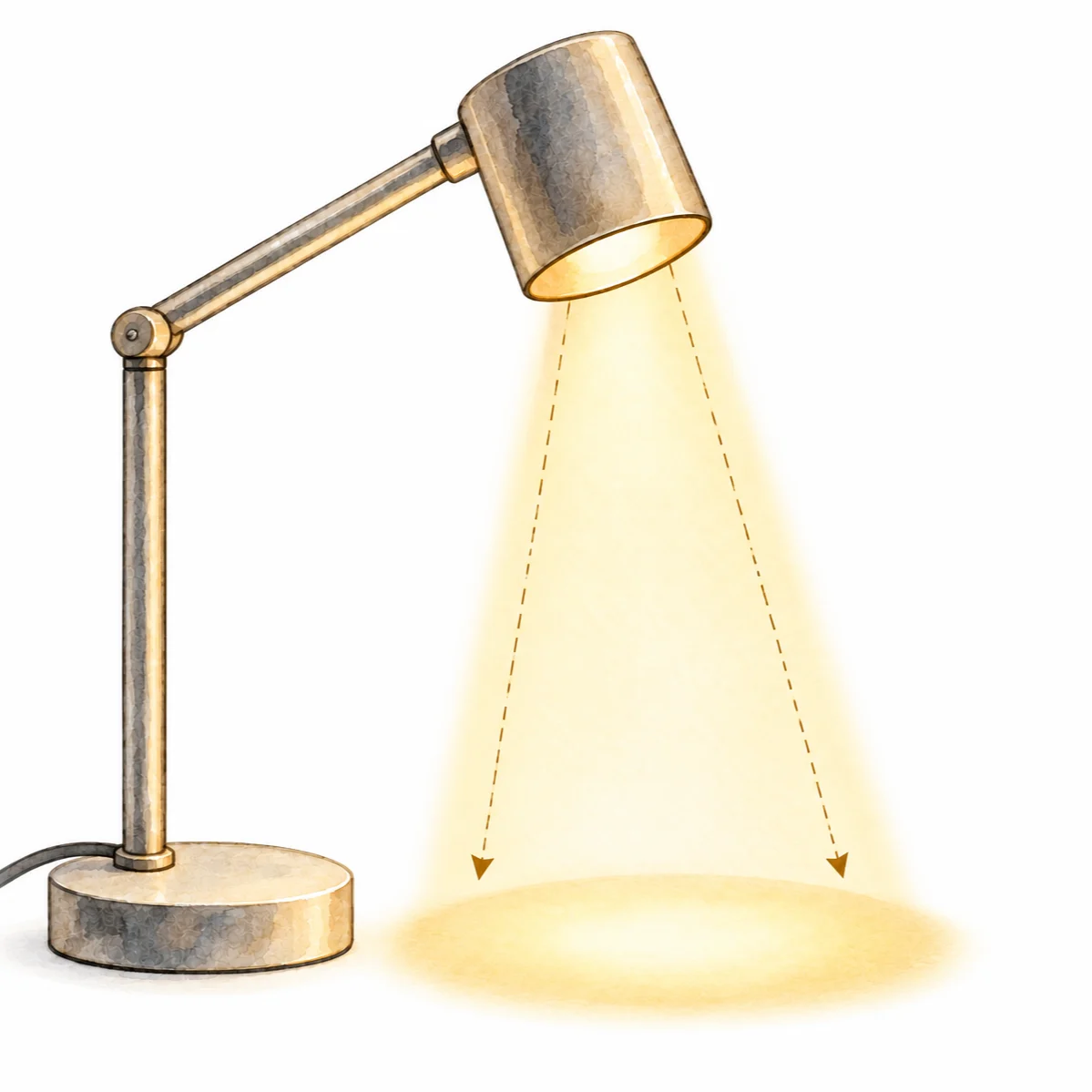 Un dibujo a la acuarela de una lámpara de escritorio encendida que proyecta un haz de luz ovalado sobre una superficie.