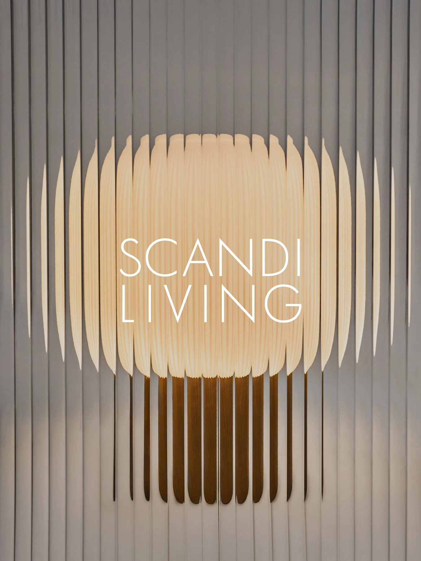 Texto "SCANDI LIVING" sobre una pieza de arte mural de listones de madera clara con un patrón de ondas sobre un fondo gris acanalado.