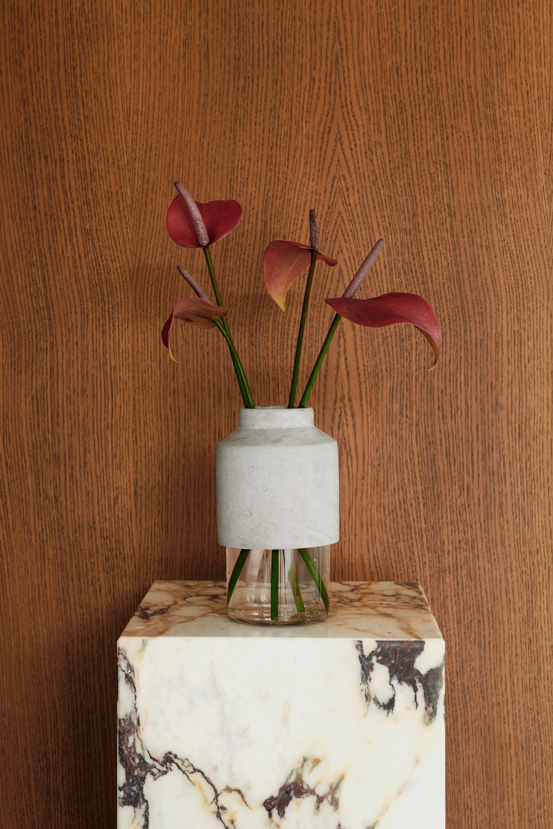 Flores de anturio rojas en un jarrón bicolor de cristal y gris sobre un pedestal de mármol blanco contra una pared de madera.