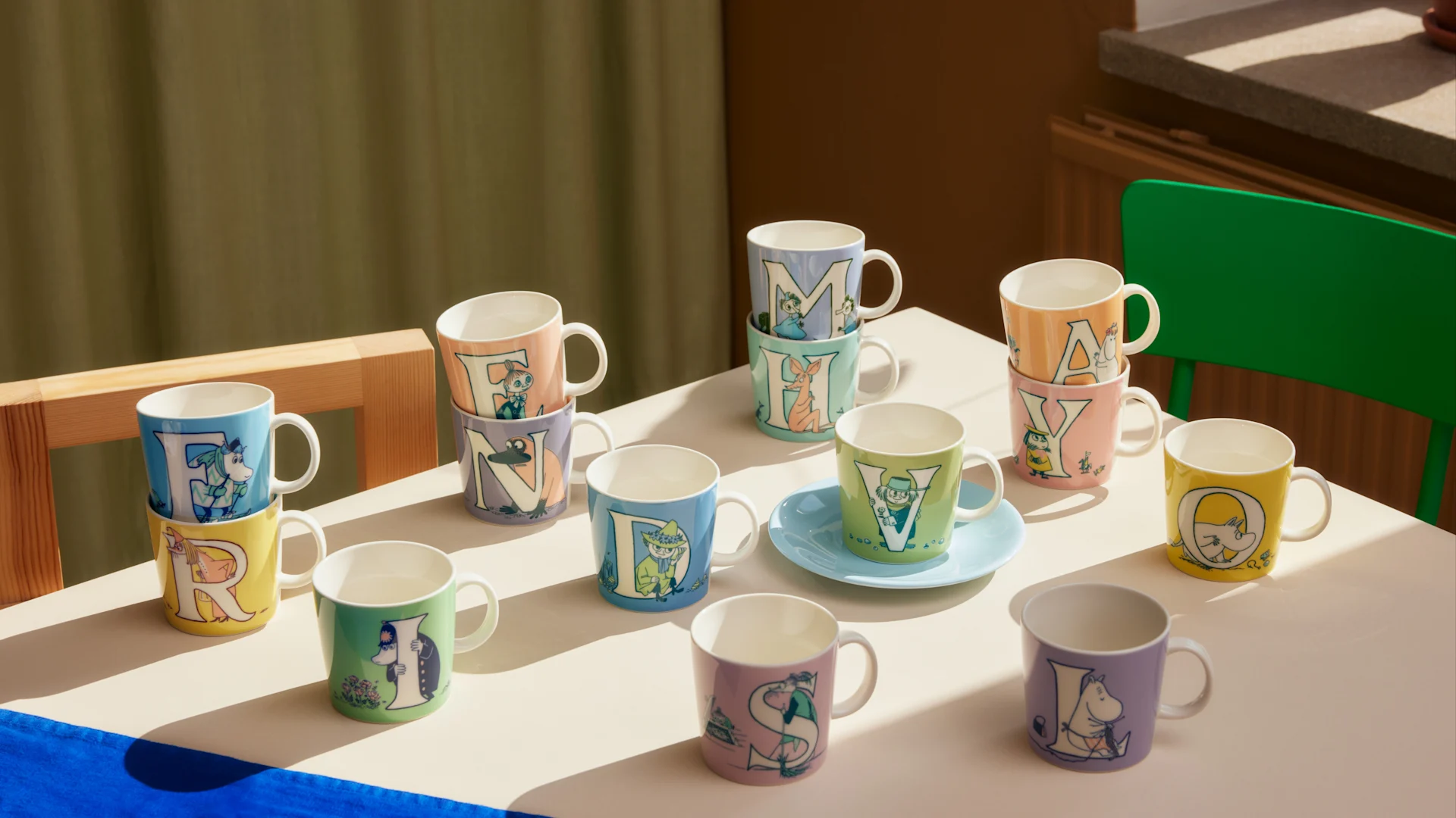 Aquí puedes ver gran parte de la colección Mumin ABC sobre una mesa.