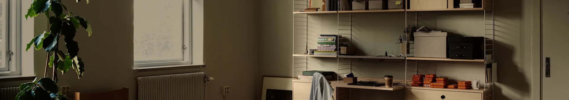 Una oficina en casa ordenada con una planta grande junto a una ventana y una estantería de madera con libros, cajas y discos duros portátiles naranjas.