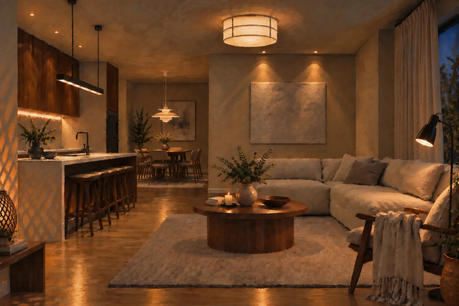 Una moderna cocina, comedor y sala de estar de planta abierta, cálidamente iluminados, con sofá seccional y muebles de madera.