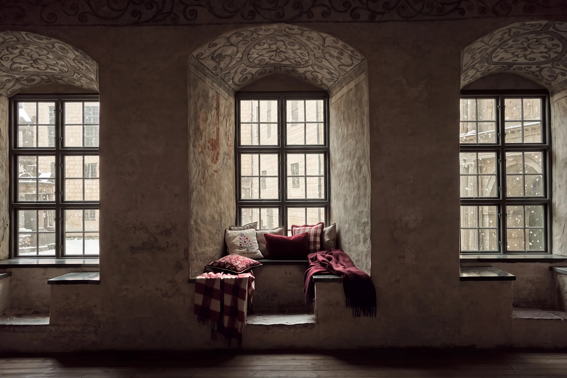 Acogedor asiento junto a la ventana en un edificio histórico con paredes decorativas y nevada afuera.