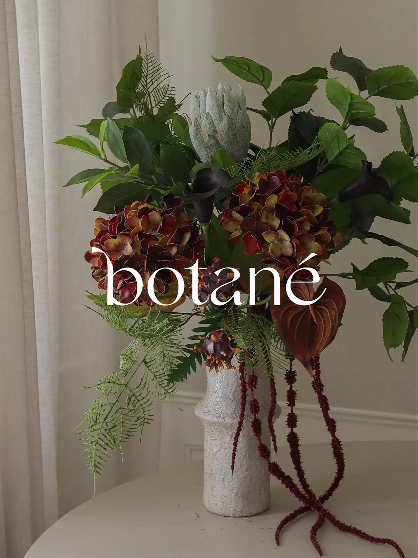 Un arreglo floral con hortensias rojas, una protea y calas negras en un jarrón blanco, con 'botané' superpuesto.